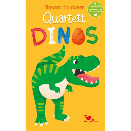 Buntes Buchcover mit lächelndem grünem Dino und dem Titel Quartett Dinos auf gelbem Hintergrund.