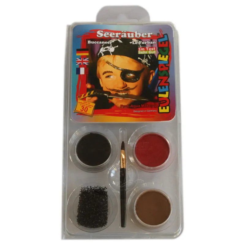Piratenschminkset mit vier Farben, Pinsel und Bild eines Jungen mit Piratenschminke.