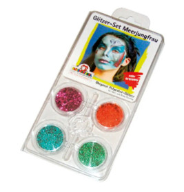 Mermaid-Glitter-Set mit 4 Farben, Verpackung zeigt Model mit Meerjungfrauenschminke und Glitzer.
