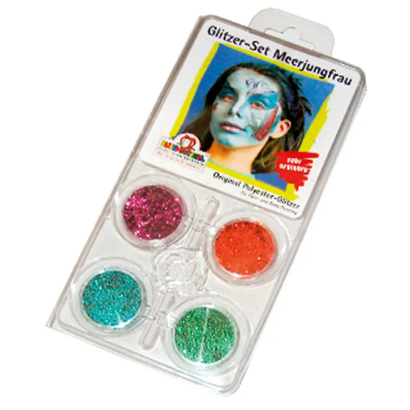Mermaid-Glitter-Set mit 4 Farben, Verpackung zeigt Model mit Meerjungfrauenschminke und Glitzer.
