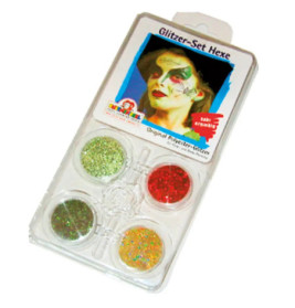Schmink-Glitterset mit vier Farben und Beispielbild einer bunt geschminkten Person auf der Verpackung.