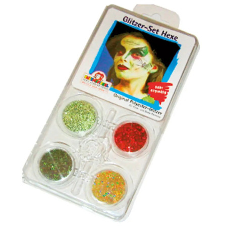 Schmink-Glitterset mit vier Farben und Beispielbild einer bunt geschminkten Person auf der Verpackung. Schmink-Glitterset mit vier Farben und Beispielbild einer bunt geschminkten Person auf der Verpackung.