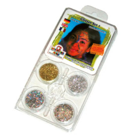 Glitzerset für Kinderschminke: vier Dosen Glitzer, Bild eines Mädchens mit Gesichtsbemalung.