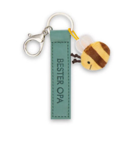 Schlüsselanhänger mit Aufschrift BESTER OPA auf türkisfarbenem Anhänger und kleiner Plüschbiene.