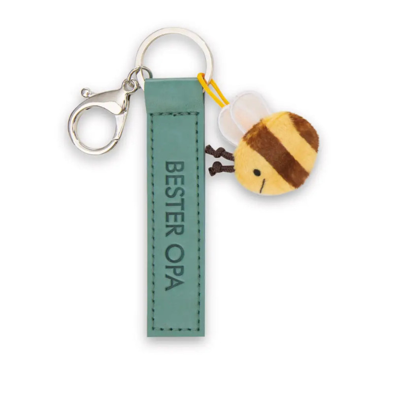 Schlüsselanhänger mit Aufschrift BESTER OPA auf türkisfarbenem Anhänger und kleiner Plüschbiene.