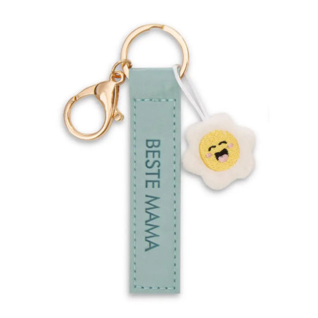 Schlüsselanhänger mit BESTE MAMA-Schriftzug und einem lächelnden Blumen-Anhänger.