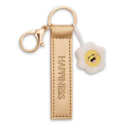 Goldener Schlüsselanhänger mit HAPPINESS-Schriftzug und Smiley-Blumenanhänger.