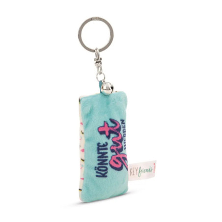 Blauer Plüsch-Schlüsselanhänger mit Könnte gut werden-Text, Glöckchen und Key Friends-Tag.