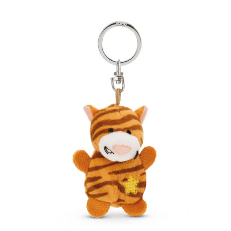 Plüsch-Tiger-Schlüsselanhänger mit orange-schwarzen Streifen, rosa Ohren und Metallring.