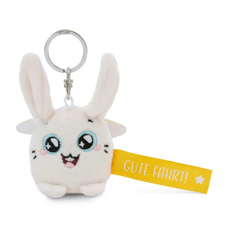 Plüschhasen-Schlüsselanhänger mit großen Augen, Lächeln und gelbem Anhänger GUTE FAHRT!.