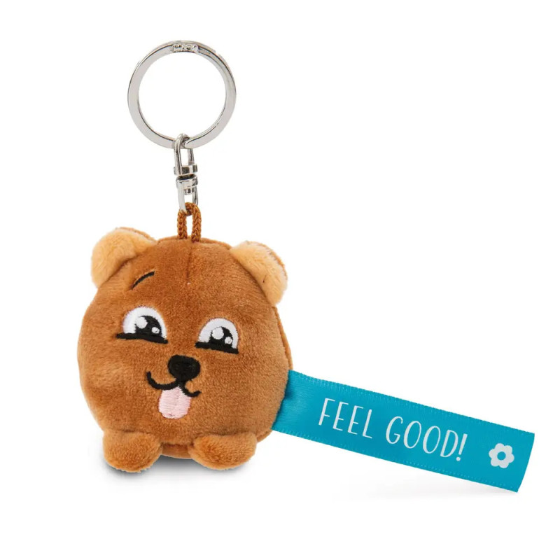 Plüschhund-Schlüsselanhänger mit fröhlichem Gesicht und blauem Anhänger FEEL GOOD!.
