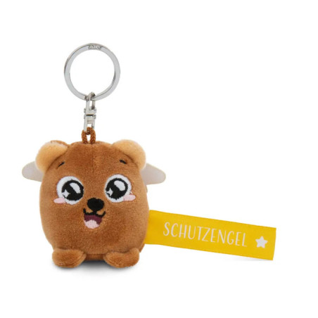 Plüsch-Schlüsselanhänger mit Tiergesicht und gelbem SCHUTZENGEL-Anhänger mit Stern.