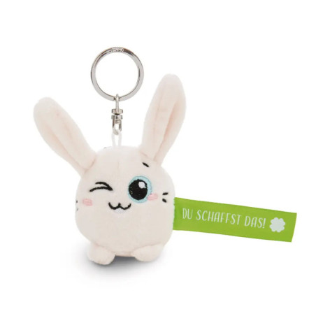 Winkender Plüschhasen-Schlüsselanhänger mit grünem DU SCHAFFST DAS!-Tag und Kleeblatt-Symbol.