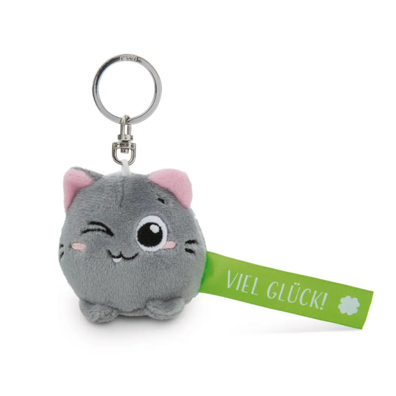 Plüschiger grauer Katzen-Anhänger mit zwinkerndem Auge, grünem Viel Glück!-Tag und Kleeblatt.