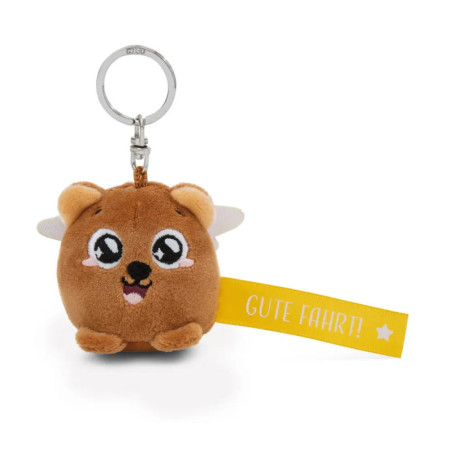 Runder Plüsch-Schlüsselanhänger mit Bärengesicht, gelbem Gute Fahrt!-Anhänger und Metallring.