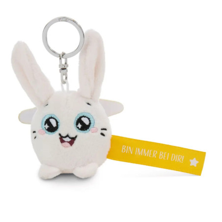 Plüschhasen-Schlüsselanhänger mit großen blauen Augen, Lächeln und gelbem Schild Bin immer bei dir!.