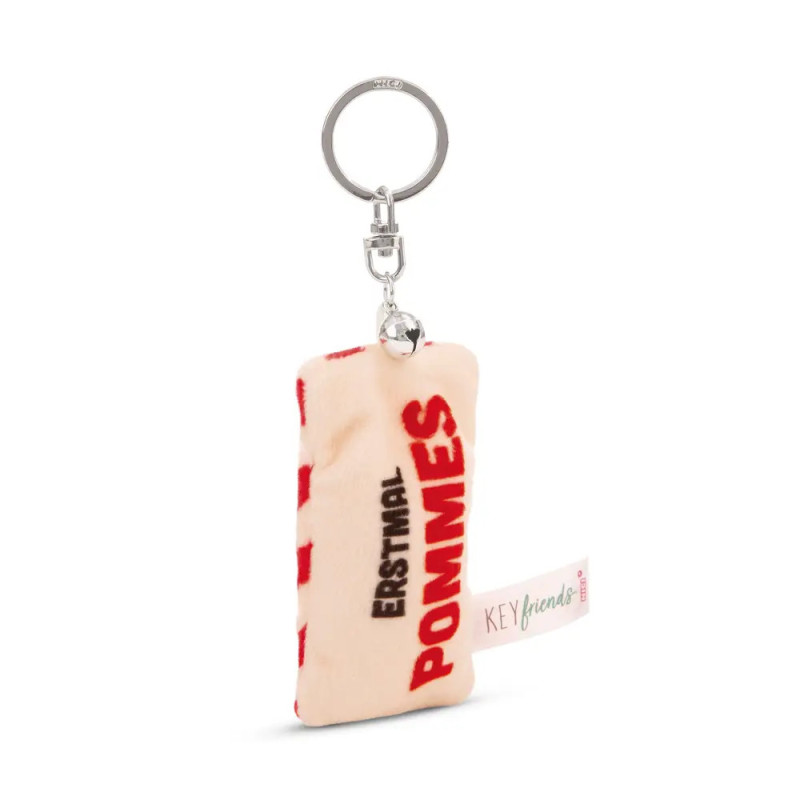 Plüsch-Schlüsselanhänger in Pommesform mit ERSTMAL POMMES-Schriftzug und Metallring.