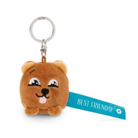 Plüschbär-Schlüsselanhänger mit blauem Band BEST FRIENDS! und lächelndem Gesicht.
