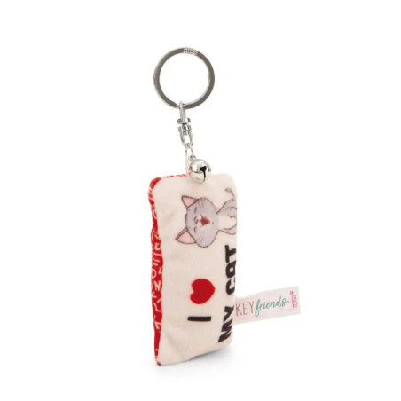 Plüsch-Schlüsselanhänger mit Katzenmotiv und dem Text I ♥ my cat auf weiß-rotem Hintergrund.