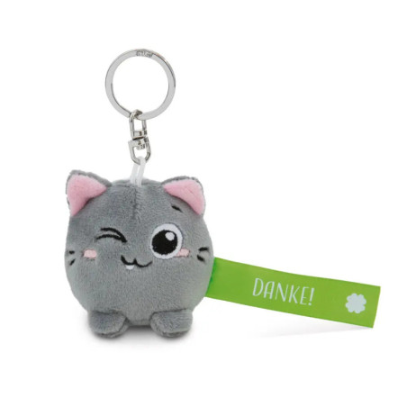 Plüsch-Schlüsselanhänger: graue zwinkernde Katze, grünes DANKE!-Schild mit Kleeblatt.
