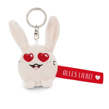 Plüschhasen-Schlüsselanhänger mit Herzaugen und Schild ALLES LIEBE! sowie kleinem Herz.