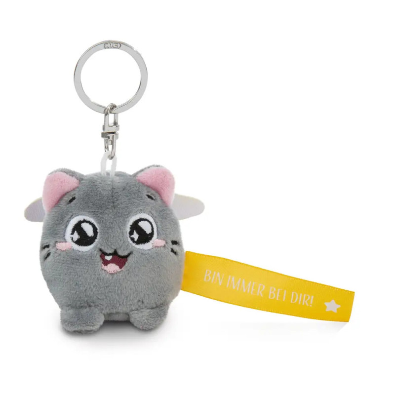 Runder, grauer Plüschkatzenanhänger mit rosa Ohren und gelbem Schild: BIN IMMER BEI DIR!.