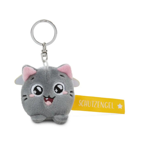 Grauer Plüschkatzen-Schlüsselanhänger mit rosa Ohren, Lächeln und gelbem SCHUTZENGEL-Tag mit Stern.