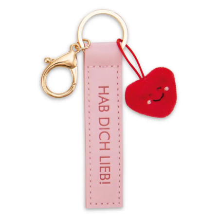 Rosa Schlüsselanhänger mit goldenem Verschluss, HAB DICH LIEB!-Schriftzug und rotem Herz-Charm.