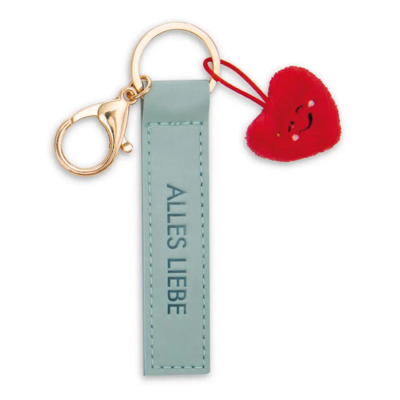 Schlüsselanhänger mit goldenem Verschluss, blauem ALLES LIEBE-Anhänger und rotem Herz.