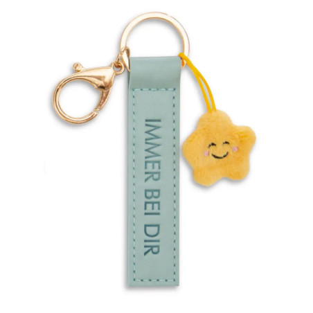 Goldener Schlüsselanhänger mit blauem IMMER BEI DIR-Anhänger und kleinem gelbem Stern-Plüsch.