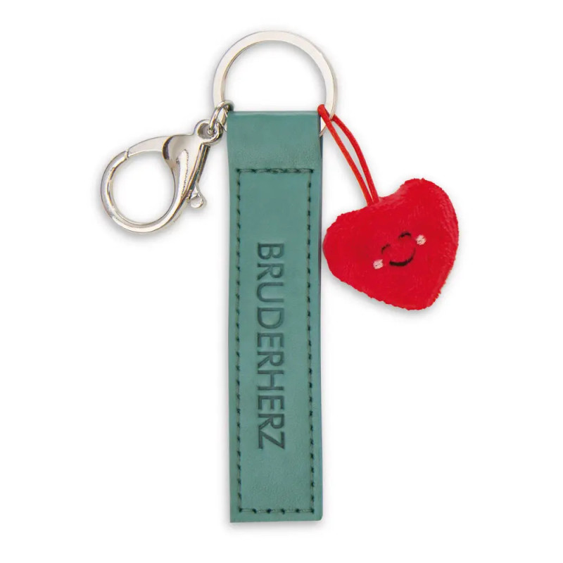 Schlüsselanhänger mit türkisem BRUDERHERZ-Anhänger und kleinem roten Plüschherz mit lachendem Gesicht.