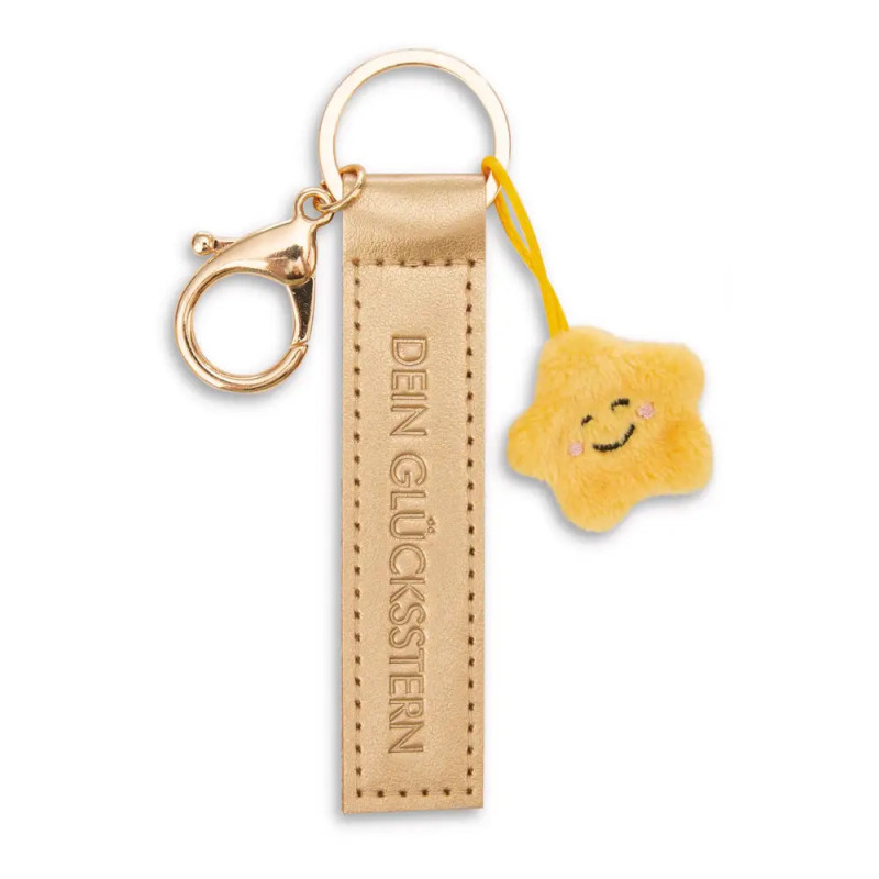 Goldener Schlüsselanhänger mit DEN GLÜCKSSTERN-Schriftzug und gelbem Plüschstern mit Gesicht.