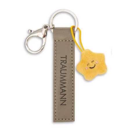 Grauer Schlüsselanhänger mit TRAUMMANN-Schriftzug und einem kleinen, gelben Plüschstern mit Lächeln.