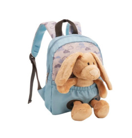 Hellblauer Kinderrucksack mit Wolkenmuster und Plüschhase an der Fronttasche.