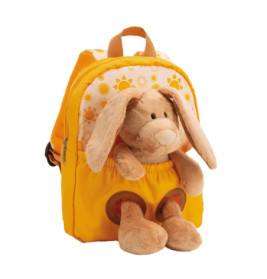 Gelber Kinder-Rucksack mit Plüschhase vorn und Sonnenmotiven.