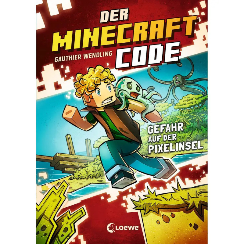 Ein Comic-Junge fliegt auf einer Insel vor einem Riesenkalmar, darüber steht der Titel Der Minecraft Code. Ein Comic-Junge fliegt auf einer Insel vor einem Riesenkalmar, darüber steht der Titel Der Minecraft Code.