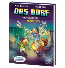 Buchcover von Das Dorf: Im Verlies des Magiers mit Kindern und magischen Objekten in Minecraft-ähnlicher Welt.