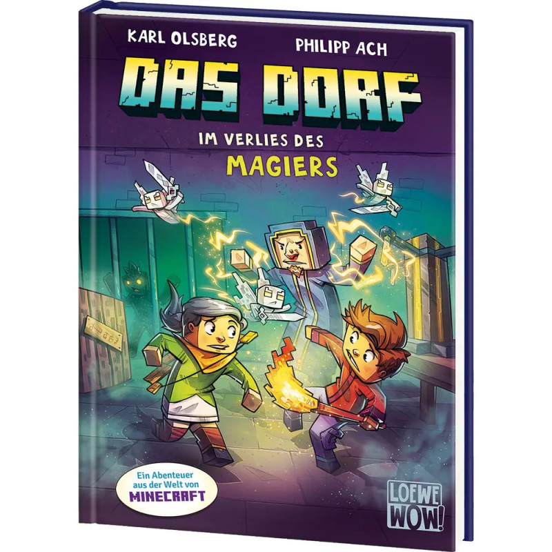 Buchcover von Das Dorf: Im Verlies des Magiers mit Kindern und magischen Objekten in Minecraft-ähnlicher Welt.