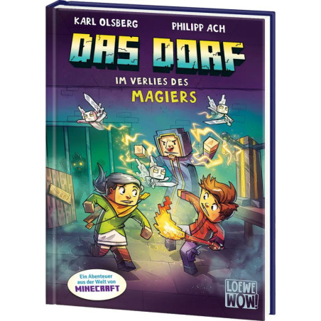 Buchcover von Das Dorf: Im Verlies des Magiers mit Kindern und magischen Objekten in Minecraft-ähnlicher Welt.
