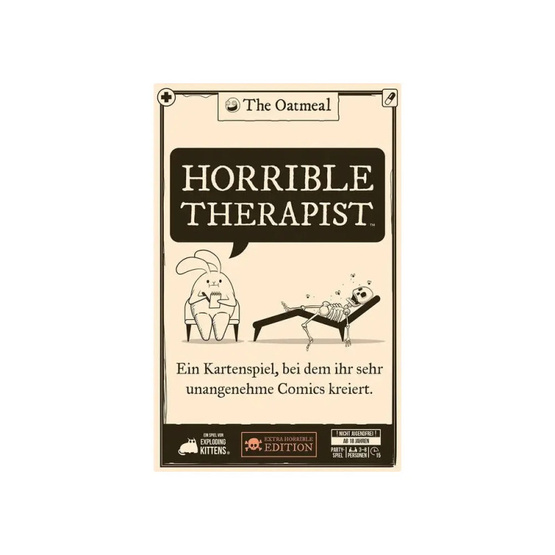 Spielschachtel von Horrible Therapist mit Comic-Hase und Skelett auf dem Sofa deutscher Text darunter. Spielschachtel von Horrible Therapist mit Comic-Hase und Skelett auf dem Sofa deutscher Text darunter.