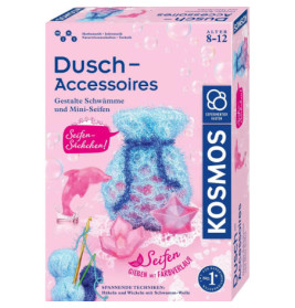Kosmos Duschzubehör-Set in Blau und Pink für 8- bis 12-Jährige mit Schwämmen und Mini-Seifen.