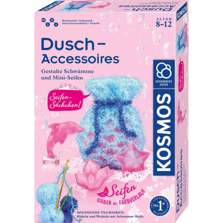 Kosmos Duschzubehör-Set in Blau und Pink für 8- bis 12-Jährige mit Schwämmen und Mini-Seifen.