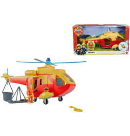 Fireman Sam Rettungshubschrauber Spielzeug mit zwei Figuren, Trage, Schlüssel und OVP im Hintergrund.