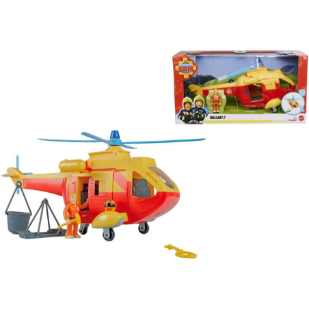 Fireman Sam Rettungshubschrauber Spielzeug mit zwei Figuren, Trage, Schlüssel und OVP im Hintergrund.