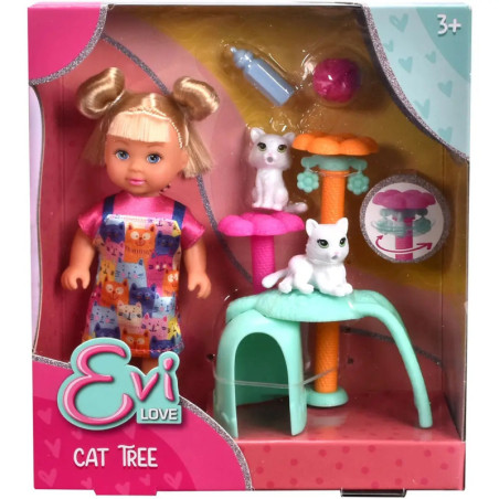 Evi Love Puppe mit Katzenspielset, zwei weißen Katzen, Fläschchen und Ball in bunter Verpackung.