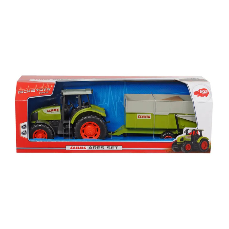 Spielzeug-Traktor mit Anhänger in Grün und Rot, verpackt in einer Dickie Toys Box.