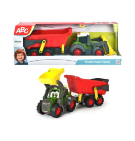 Fendt-Spielzeuganhänger und Lader mit Gesicht, ab 12 Monaten, in und außerhalb der Verpackung.