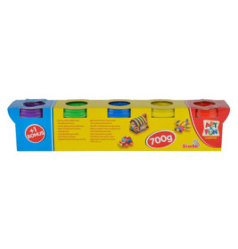 Fünf bunte Knetdosen in gelber 700g-Art & Fun-Box.