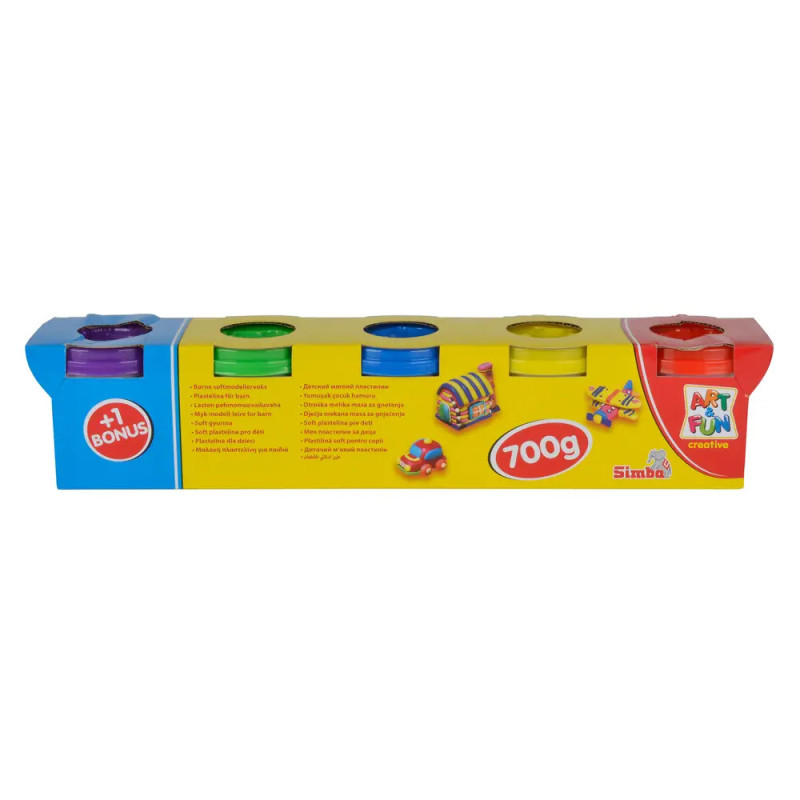Fünf bunte Knetdosen in gelber 700g-Art & Fun-Box.