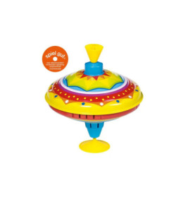 Bunter Kreisel mit geometrischen Mustern in Blau, Rot und Gelb sowie spiel gut-Auszeichnung.